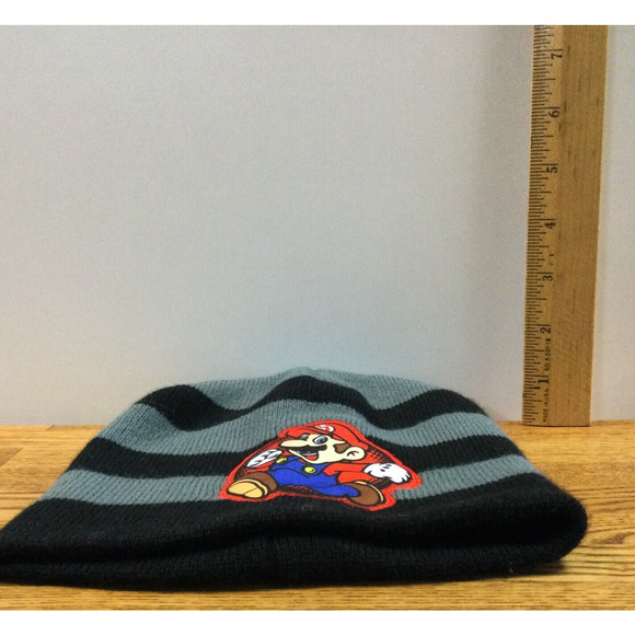 Nintendo Super Mario Knit Beanie Hat Black Gray Striped Winter Tube Cap One Size - Picture 2 of 4